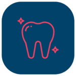 A home tooth icon on a blue background.